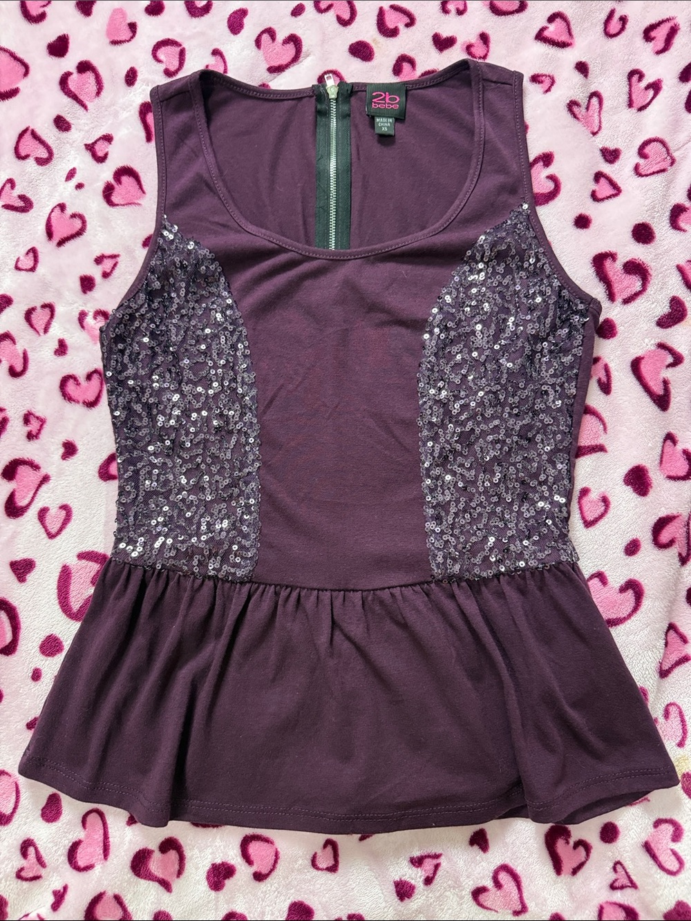 2B Bebe Y2K Plum Sequin Peplum Tank